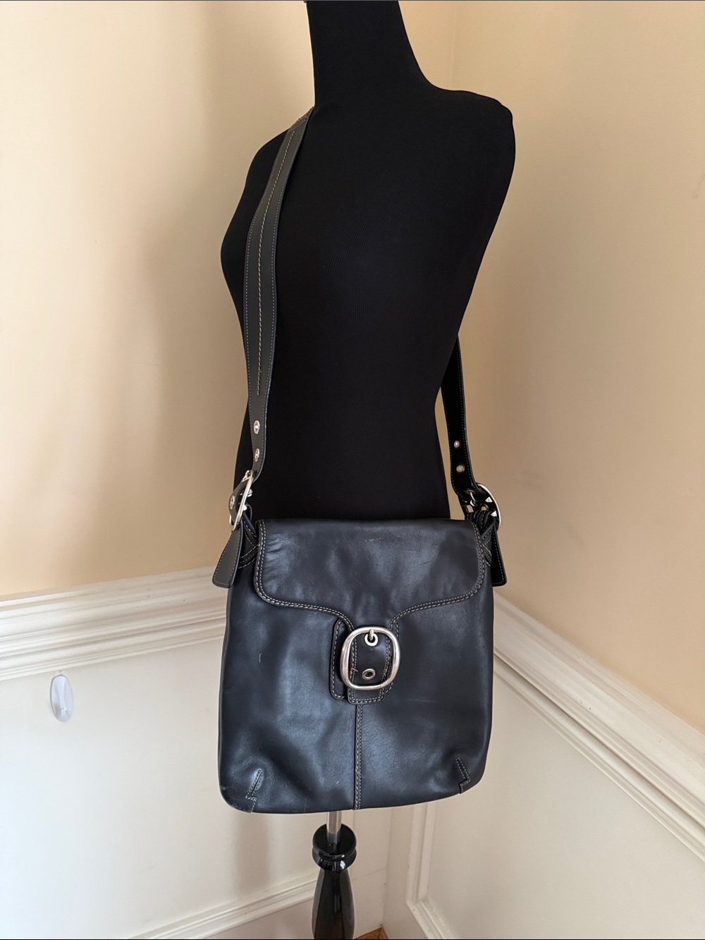 Coach Vintage Black Leather Crossbody Bag with Buckle and Silver Hardware